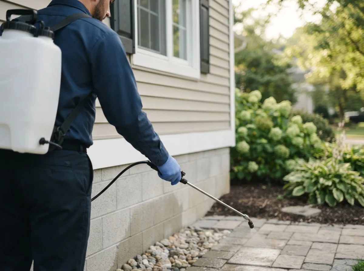 Pest control technician inspecting a home in Rutland, OH